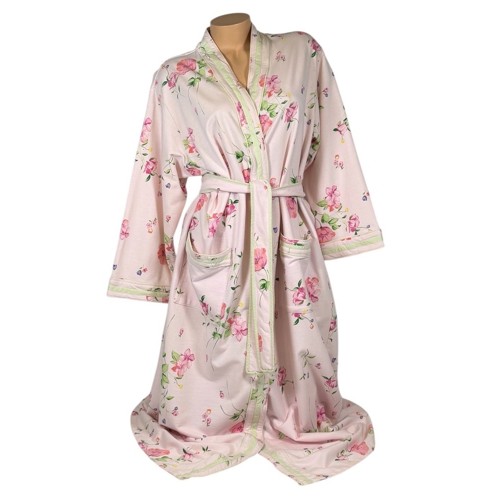 Aria Women's Pink Floral Cotton Jersey Long Wrap Robe Belted Pockets Size Large
